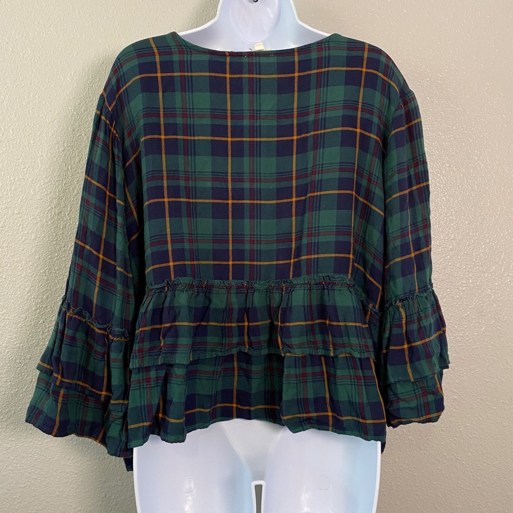 Green Tartan Blouse XL Plaid Outlander Casual Cottagecore Cabincore Ruffle - Picture 2 of 8